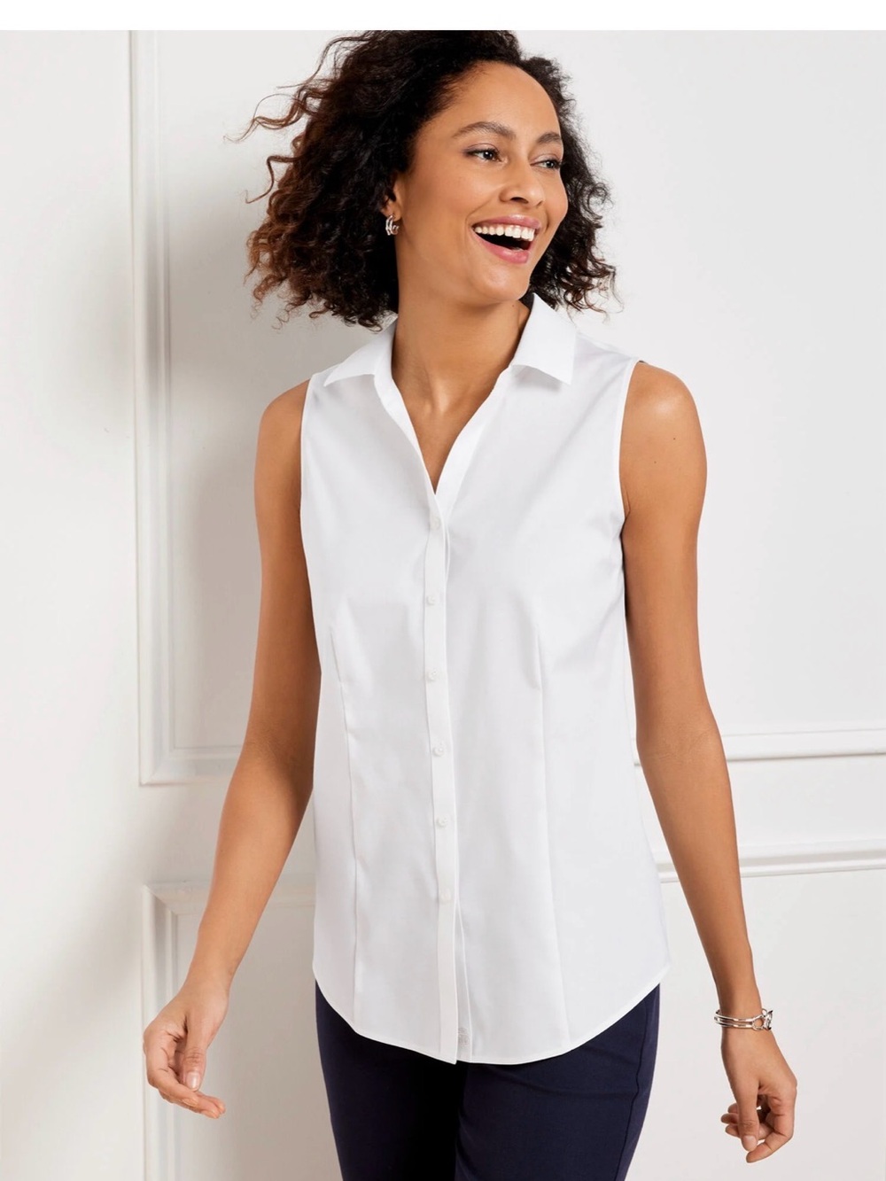 Talbots White Sleeveless Button-Down Collared Top